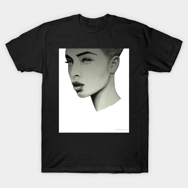 black and white dazed woman T-Shirt by JadesCanvas